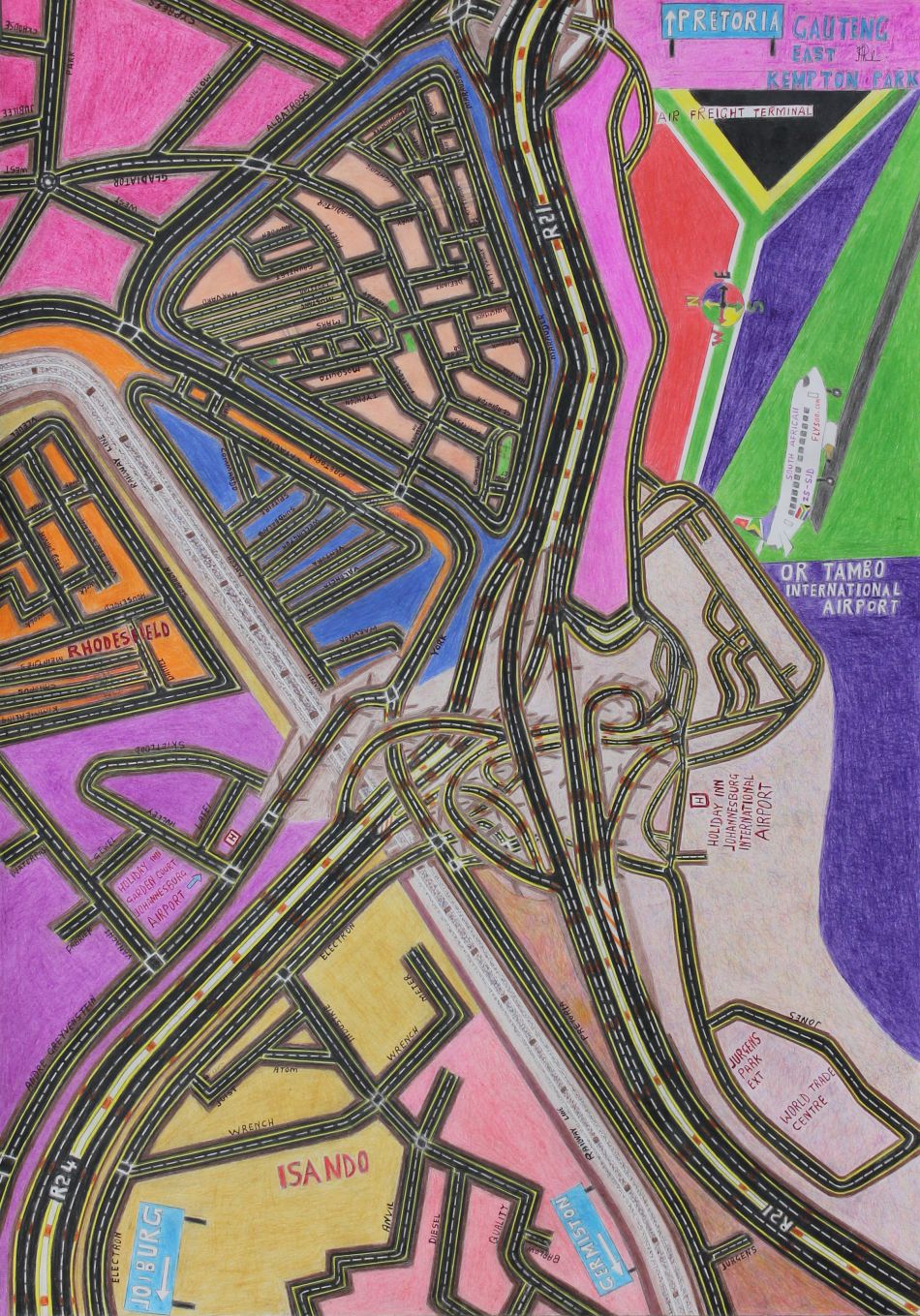 Click the image for a view of: Gauteng East, Kempton Park. 2013. Colour pencil on paper. 860X710mm